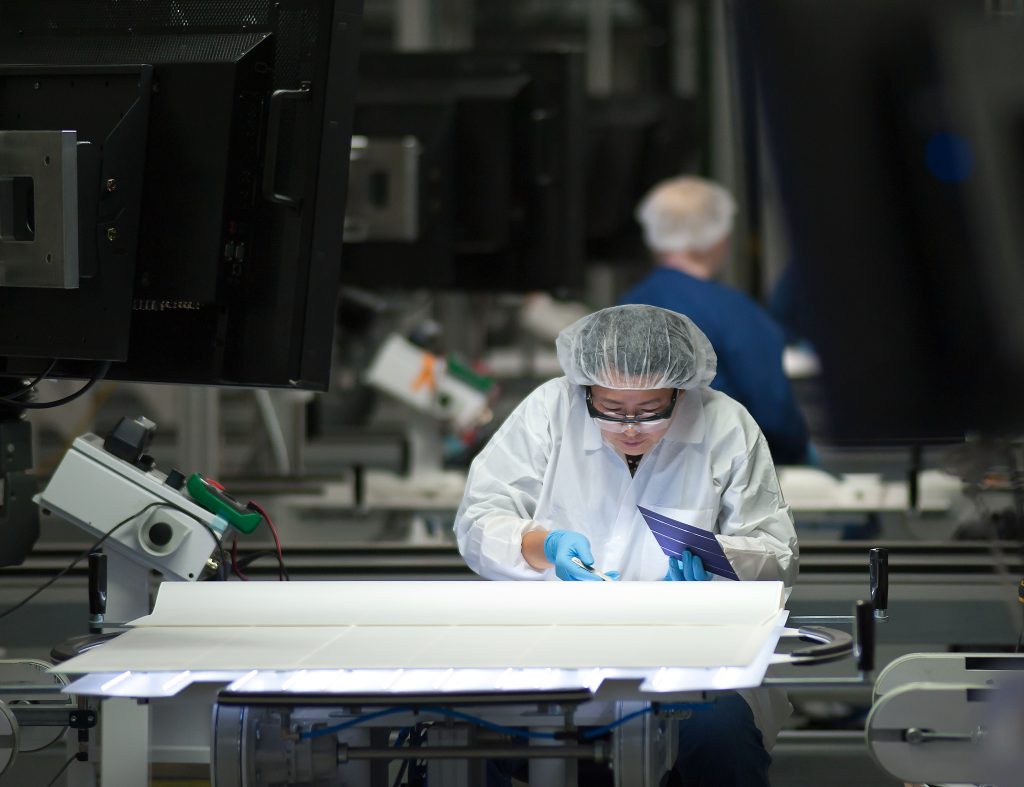 Quality inspection station in module assembly at the SolarWorld manufacturing facility in Hillsboro, Oregon. Photo Credit: SolarWorld