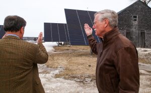U.S. Sen. Angus King, I-Maine, right, and Maine Audubon Executive Director Charles Gauvin survey a new solar array.