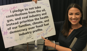 Democratic Socialist candidate Alexandria Ocasio-Cortez pledges to not to take any campaign donations from fossil fuel interests and to fight for a transition to 100% renewable energy by 2035. (Photo: Ocasio2018 Campaign)